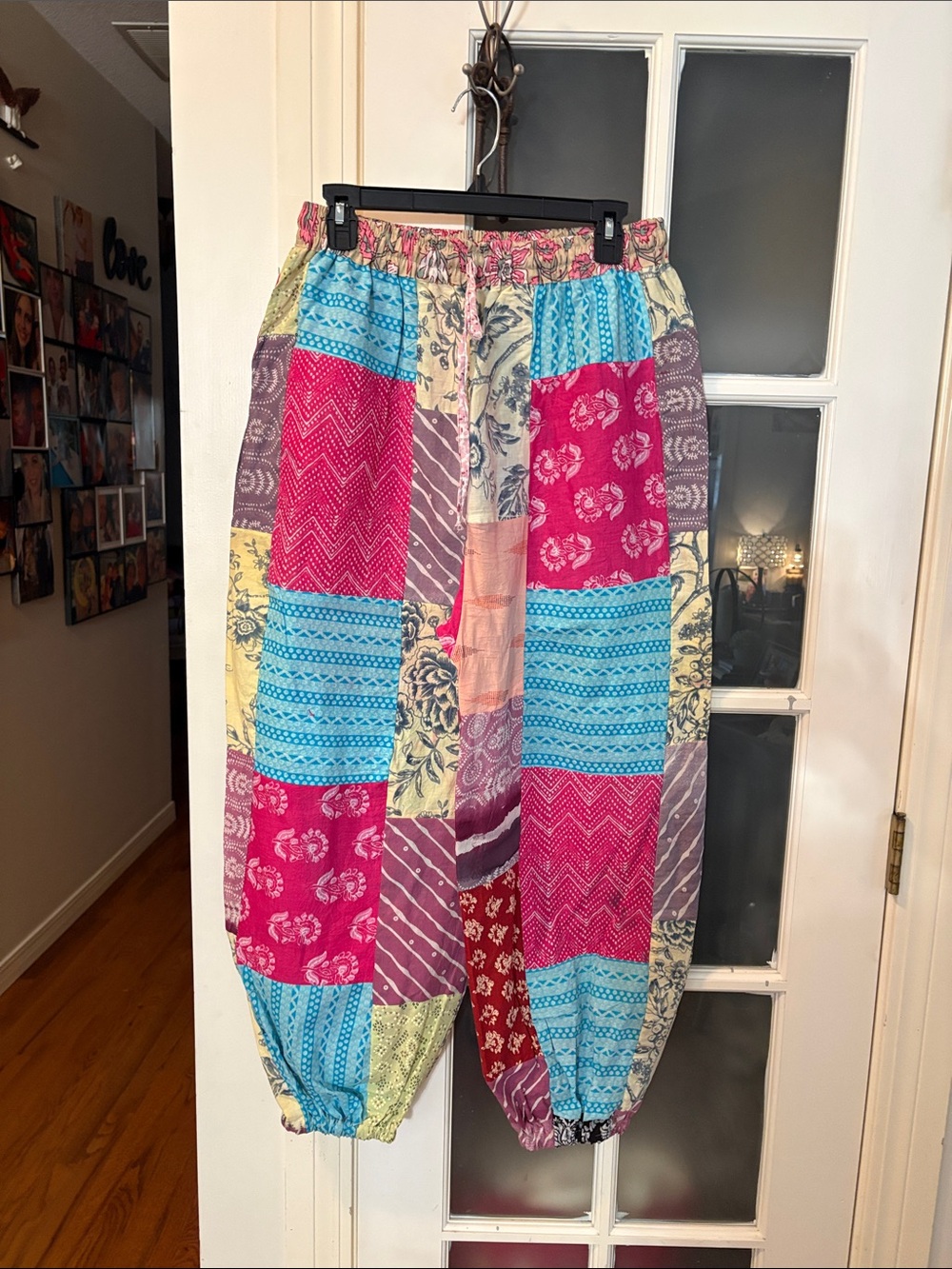 Women Patchwork Elastic-Waist Joggers in Pink & Blue